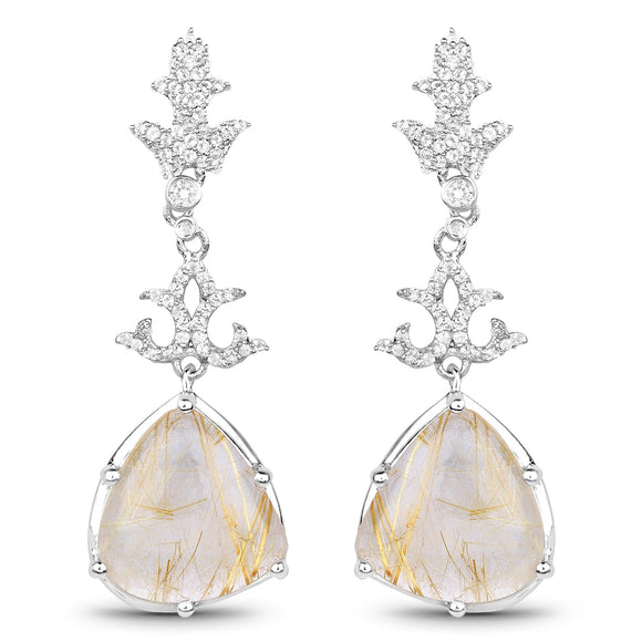 15.97 Carat Genuine Golden Rutile And White Topaz .925 Sterling Silver Earrings