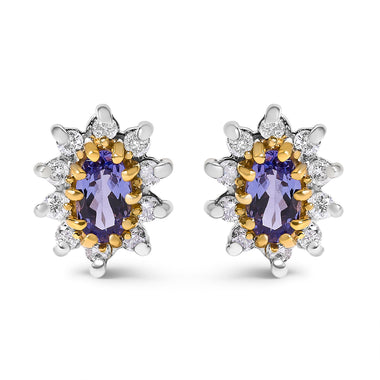 14K Yellow Gold 1/4 Cttw Diamond and Blue Purple Tanzanite Sunburst Halo Stud Earrings (K-L Color, I1-I2 Clarity)