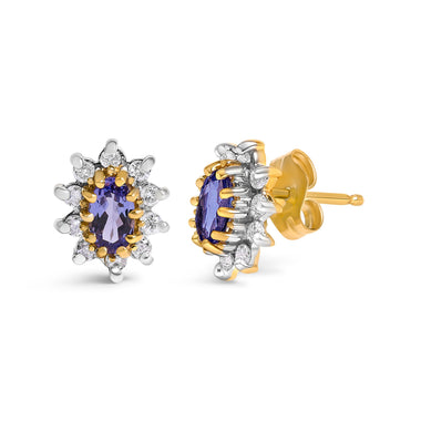 14K Yellow Gold 1/4 Cttw Diamond and Blue Purple Tanzanite Sunburst Halo Stud Earrings (K-L Color, I1-I2 Clarity) - 0