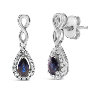 10K White Gold Pear Cut Blue Sapphire and 1/7 Cttw Diamond Infinity Drop and Dangle Earrings (I-J Color, I1-I2 Clarity) - 0