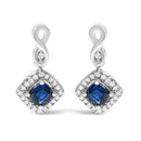 10K White Gold Blue  Sapphire and Diamond Halo Cushion Shaped Drop Earrings (I-J Color, I1-I2 Clarity)-1