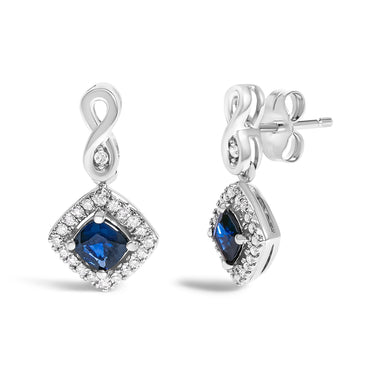 10K White Gold Blue  Sapphire and Diamond Halo Cushion Shaped Drop Earrings (I-J Color, I1-I2 Clarity) - 0