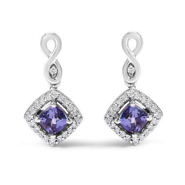 10K White Gold Blue Purple Tanzanite and Diamond Halo Cushion Shaped Drop Earrings (I-J Color, I1-I2 Clarity)