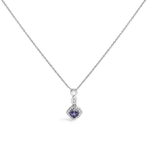 10K White Gold Blue Purple Tanzanite and Diamond Accent Cushion Drop Pendant Necklace - 18" Inches