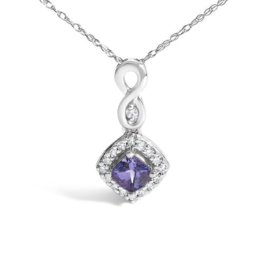 10K White Gold Blue Purple Tanzanite and Diamond Accent Cushion Drop Pendant Necklace - 18" Inches - 0