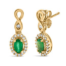 10K Yellow Gold Oval Cut Green Emerald 5x3 mm and 1/7 Cttw Round Diamond Dangle Earrings-2