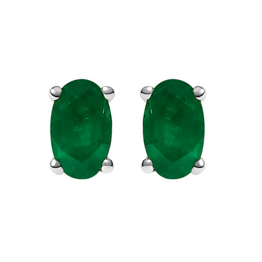 14K White Gold 5x3 MM Oval Green Emerald Solitaire Stud Earrings