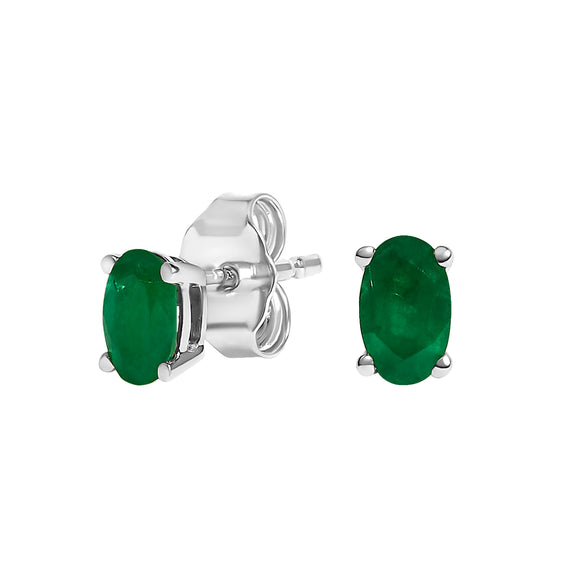 14K White Gold 5x3 MM Oval Green Emerald Solitaire Stud Earrings