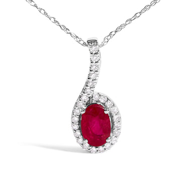 10K White Gold Red Ruby and Diamond Accent Teardrop Pendant Necklace - 18" Inches - 0
