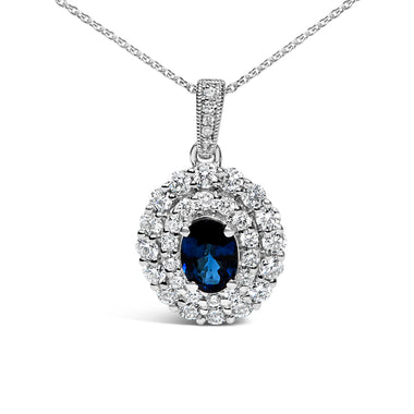 14K White Gold Oval Blue Sapphire and 3/4 Cttw Diamond Halo Pendant Necklace - 0