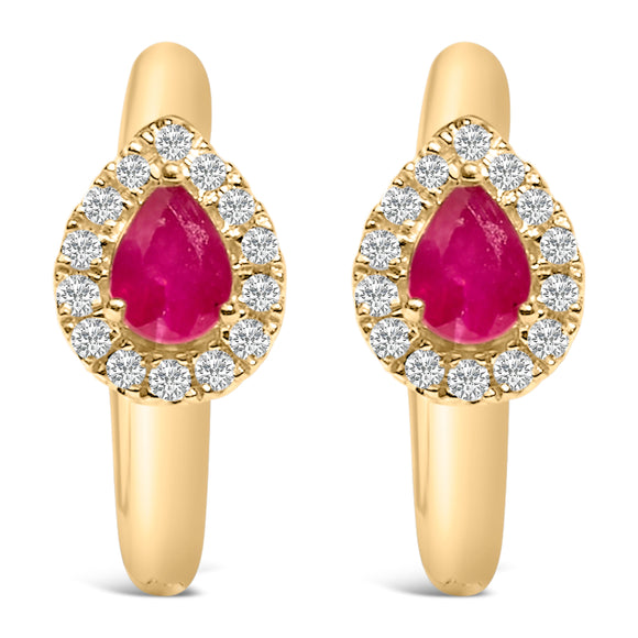 10K Yellow Gold Pear Cut Red Ruby 4x3 mm and 1/10 Cttw Round Diamond Huggy Earrings (I-J Color, I1-I2 Clarity)