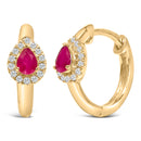 10K Yellow Gold Pear Cut Red Ruby 4x3 mm and 1/10 Cttw Round Diamond Huggy Earrings (I-J Color, I1-I2 Clarity)-2