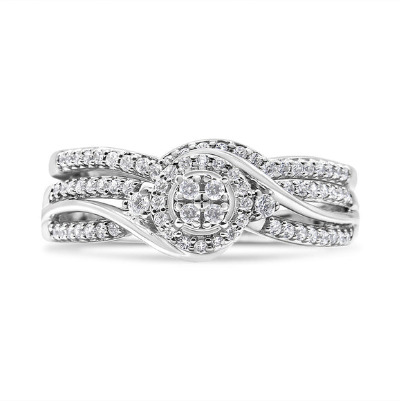 .925 Sterling Silver 1/3 Cttw Composite Diamond Frame Bypass Bridal Set Ring and Band (I-J Color, I2-I3 Clarity) - Ring Size 7