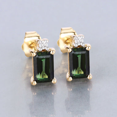 1.24 Carat Genuine Green Tourmaline and White Diamond 14K Yellow Gold Earrings - 0