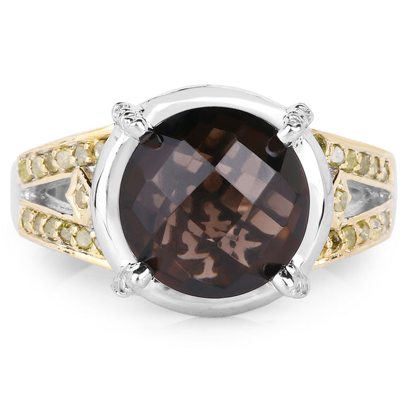 3.28 Carat Genuine Smoky Quartz, Yellow Diamond & White Diamond .925 Sterling Silver Ring