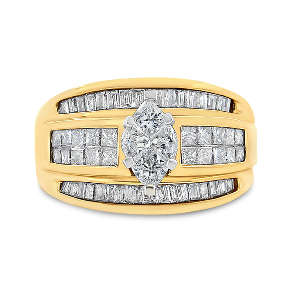 14K Yellow Gold 1 1/2 Cttw Pie, Princess and Baguette-cut Diamond Marquise Shaped Engagement Cocktail Ring Band (H-I Color, I1-I2 Clarity) - Ring Size 7
