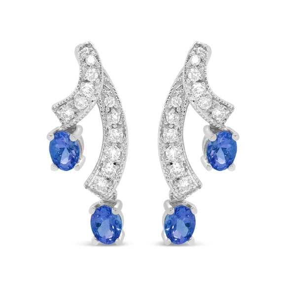 14K White Gold 4x3MM Oval Shaped Natural Blue Tanzanite Gemstone and 1/5 Cttw Diamond Double 3/4" Inch Drop Stud Earrings (H-I Color, VS1-VS2 Clarity)