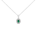 14K White Gold Oval 6x4 MM Green Emerald and Diamond Halo Pendant Necklace - 18 inch-1