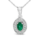 14K White Gold Oval 6x4 MM Green Emerald and Diamond Halo Pendant Necklace - 18 inch-2