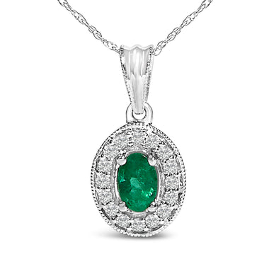 14K White Gold Oval 6x4 MM Green Emerald and Diamond Halo Pendant Necklace - 18 inch - 0