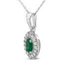 14K White Gold Oval 6x4 MM Green Emerald and Diamond Halo Pendant Necklace - 18 inch-3