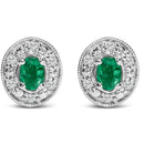 14K White Gold Oval Green Emerald and 1/10 Cttw Diamond Halo Stud Earrings  (I-J Color, I1-I2 Clarity)-1