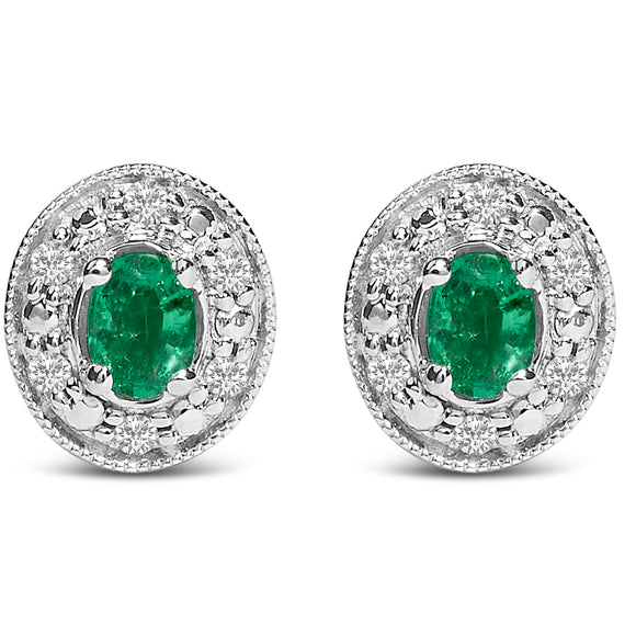 14K White Gold Oval Green Emerald and 1/10 Cttw Diamond Halo Stud Earrings  (I-J Color, I1-I2 Clarity)