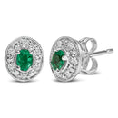 14K White Gold Oval Green Emerald and 1/10 Cttw Diamond Halo Stud Earrings  (I-J Color, I1-I2 Clarity)-2