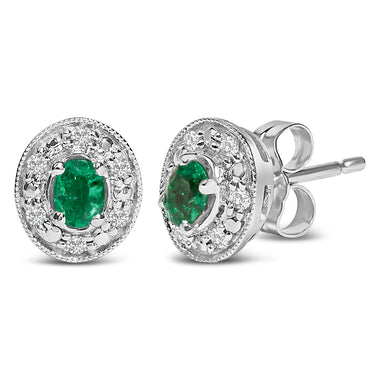 14K White Gold Oval Green Emerald and 1/10 Cttw Diamond Halo Stud Earrings  (I-J Color, I1-I2 Clarity) - 0