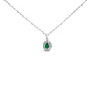 14K White Gold Oval Green Emerald and Diamond Halo Pendant Necklace - 18" Inches-1