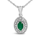 14K White Gold Oval Green Emerald and Diamond Halo Pendant Necklace - 18" Inches-2