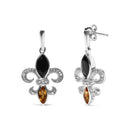 .925 Sterling Silver Marquise Cut Onyx and Citrine with Diamond Accent Fleur De Lis Drop Stud Earrings (H-I Color, SI1-SI2 Clarity)-2