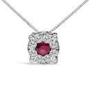 14K White Gold Red Ruby and 1/3 Cttw Diamond Halo Pendant Necklace-2
