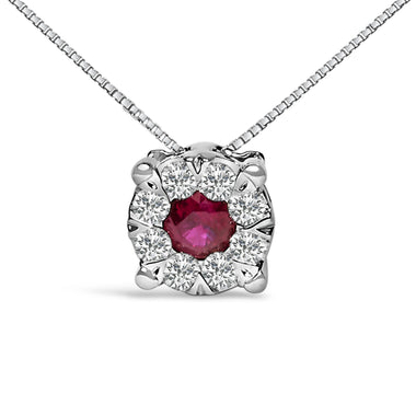 14K White Gold Red Ruby and 1/3 Cttw Diamond Halo Pendant Necklace - 0