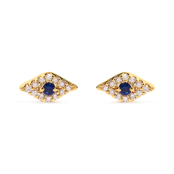 10K Yellow Gold Blue Sapphire and Diamond Accent Evil Eye Stud Earring (H-I Color, I1-I2 Clarity)