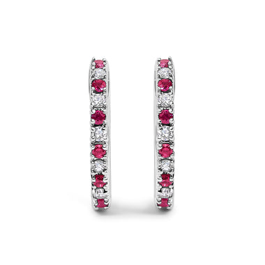 10K White Gold Alternating Diamond and Red Ruby Huggy Hoop Earrings (I-J Color, I1-I2 Clarity) - 0