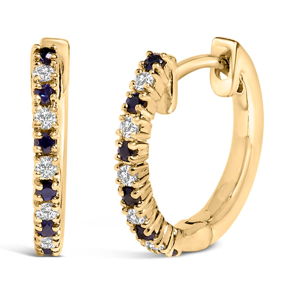 10K Yellow Gold Alternating Blue Sapphire 1/10 Cttw Diamond Huggy Hoop Earrings  (I-J Color, I1-I2 Clarity)