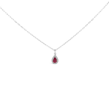 14K White Gold 6x4 Pear Red Ruby and Diamond Halo Pendant Necklace - 18" Inches