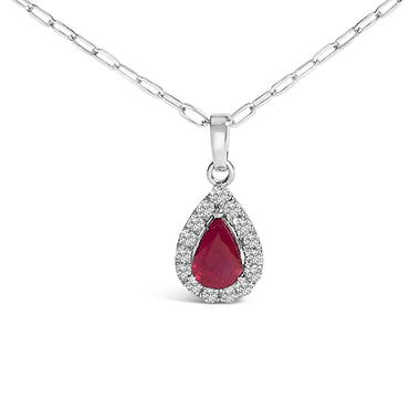 14K White Gold 6x4 Pear Red Ruby and Diamond Halo Pendant Necklace - 18" Inches - 0