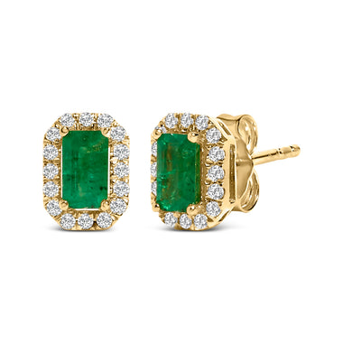 14K Yellow Gold Green Emerald and 1/8 Cttw Diamond Halo Octagonal Shaped Stud Earrings  (I-J Color, I1-I2 Clarity) - 0