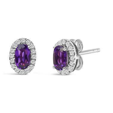 10K White Gold 5x3 MM Oval Purple Amethyst and Diamond Halo Stud Earrings (I-J Color, I1-I2 Clarity) - 0