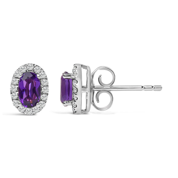 10K White Gold 5x3 MM Oval Purple Amethyst and Diamond Halo Stud Earrings (I-J Color, I1-I2 Clarity)