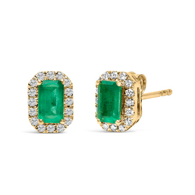 10K Yellow Gold 5x3mm Emerald-Cut Green Emerald and 1/7 Cttw Diamond Halo Octagonal Stud Earrings (I-J Color, I1-I2 Clarity) - 0