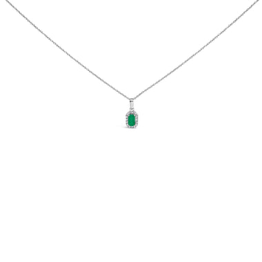 10K White Gold 5x3mm Green Emerald and Diamond Accent Halo Octagonal Shape 18" Pendant Necklace (I-J Color, I1-I2 Clarity)