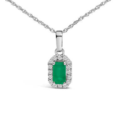 10K White Gold 5x3mm Green Emerald and Diamond Accent Halo Octagonal Shape 18" Pendant Necklace (I-J Color, I1-I2 Clarity) - 0