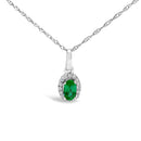 10K White Gold 5x3mm Green Emerald and Diamond Accent Halo Oval Shape 18" Pendant Necklace (I-J Color, I1-I2 Clarity)-1