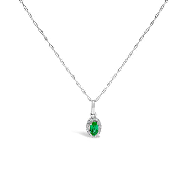 10K White Gold 5x3mm Green Emerald and Diamond Accent Halo Oval Shape 18" Pendant Necklace (I-J Color, I1-I2 Clarity) - 0