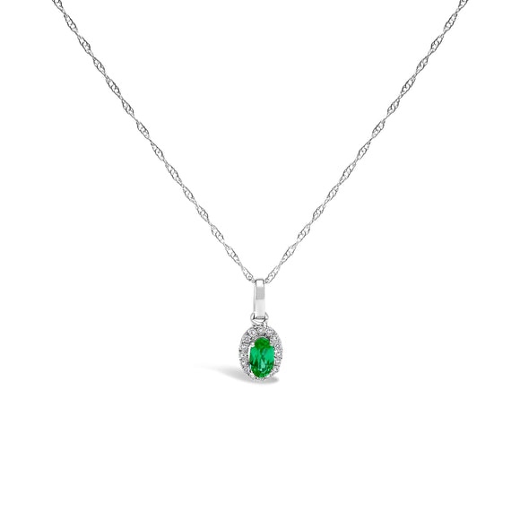 10K White Gold 5x3mm Green Emerald and Diamond Accent Halo Oval Shape 18" Pendant Necklace (I-J Color, I1-I2 Clarity)