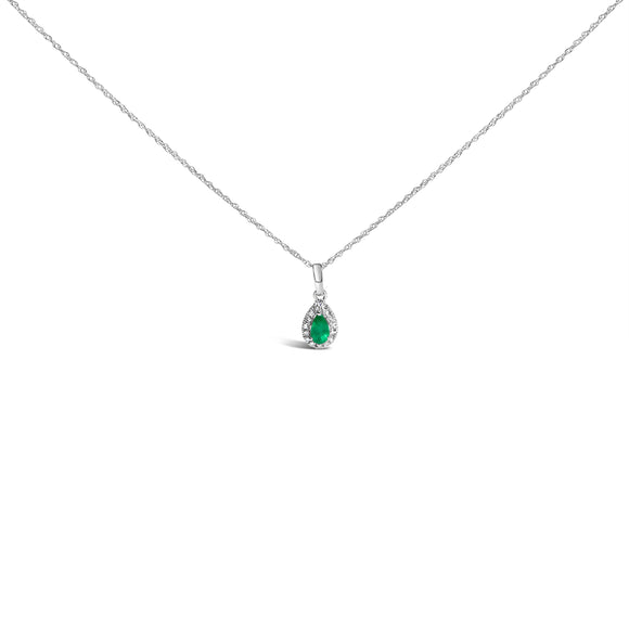10K White Gold 5x3mm Green Emerald and Diamond Accent Halo Pear Shape 18" Pendant Necklace (I-J Color, I1-I2 Clarity)
