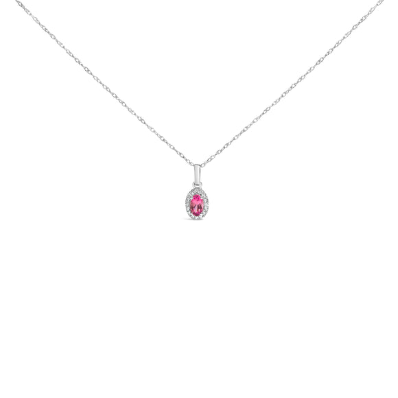 10K White Gold 5x3mm Green Emerald and Diamond Accent Halo Oval Shape 18" Pendant Necklace (I-J Color, I1-I2 Clarity)